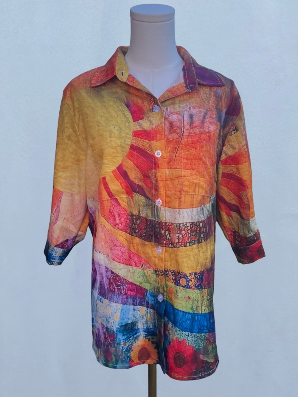 Colorful Abstract Button Up Shirt Sun Print Artsy Lightweight Blouse S - Picture 2 of 7